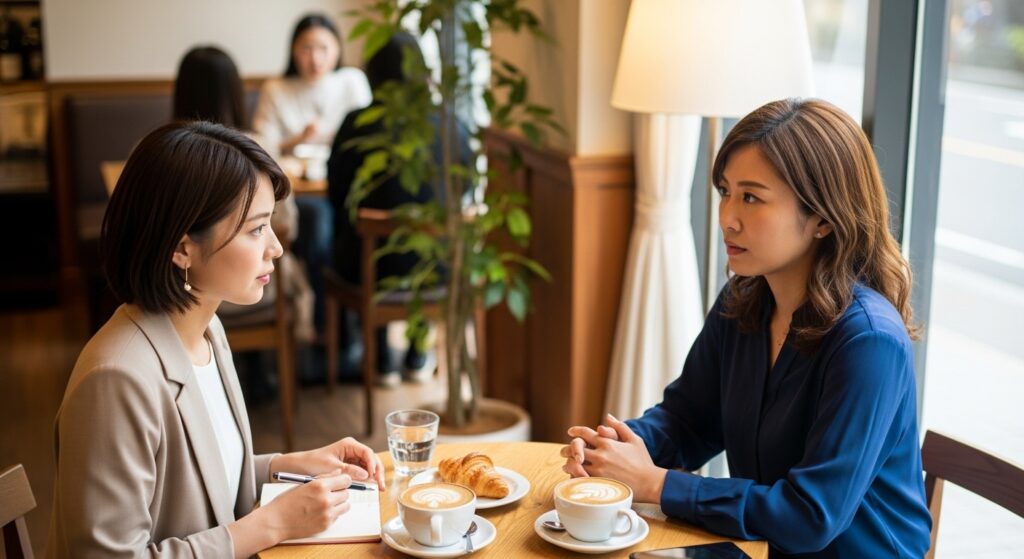 カフェで、向かい合って話している2人の日本人女性