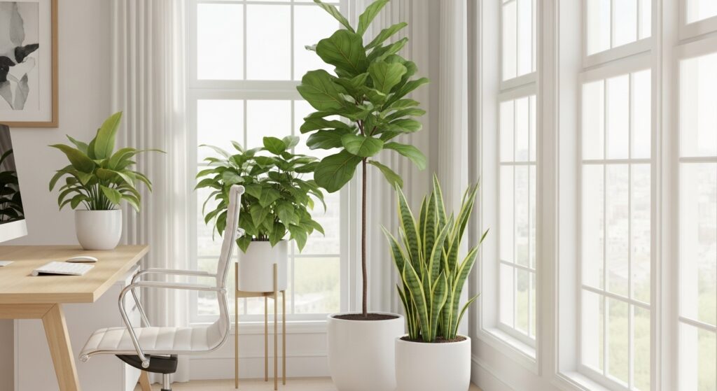 観葉植物が置かれた明るいオフィスの一角