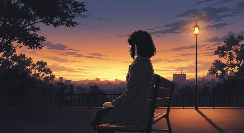 夕暮れ時にベンチに座っている女性