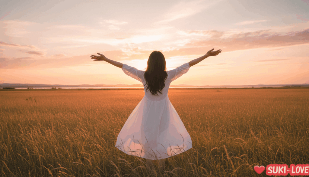 女性が両手を大きく開き解放された状態