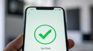 スマートフォンの画面に表示された安全マークやチェックマークのイメージ。
