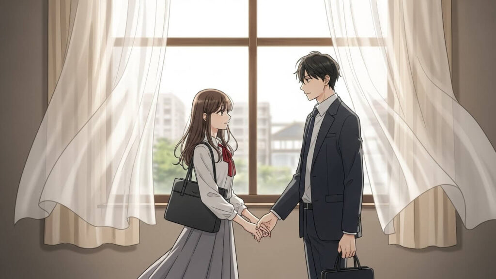 窓際で男性の手を握る女性