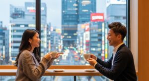 カフェのカウンター席に並んで座る若いカップル。横並びで自然な距離感。二人ともカップを手に持ち、楽しそうに会話している様子。