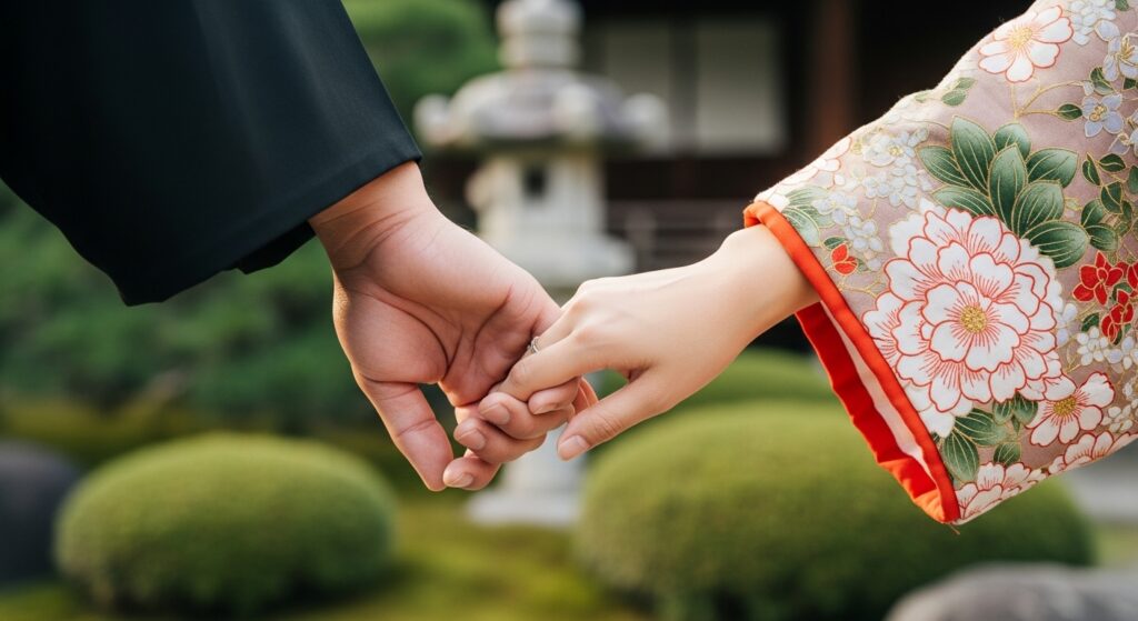 手をつなぐカップルの手元。自然な雰囲気で、愛情が感じられるショット