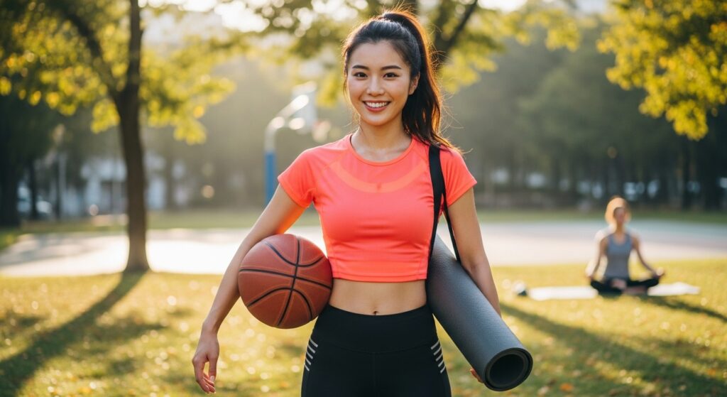 バスケットボールとヨガマットを持っている様子。スポーツと心身のケアを両立しているアクティブな女性