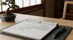 カレンダーとペンが置かれた机。予定が書き込まれている様子