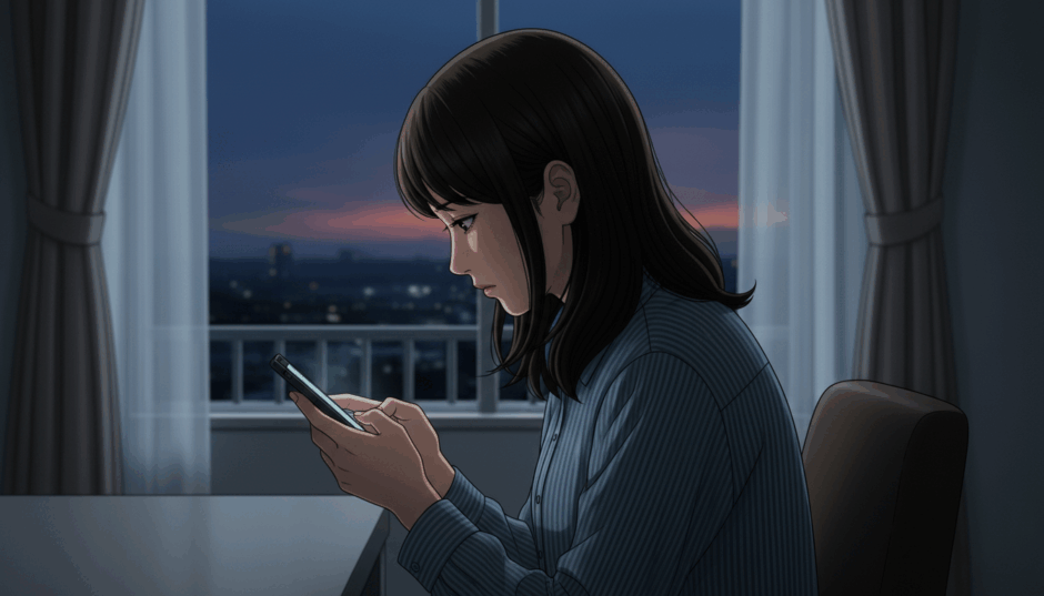 スマホを見ながら悩んでいる女性