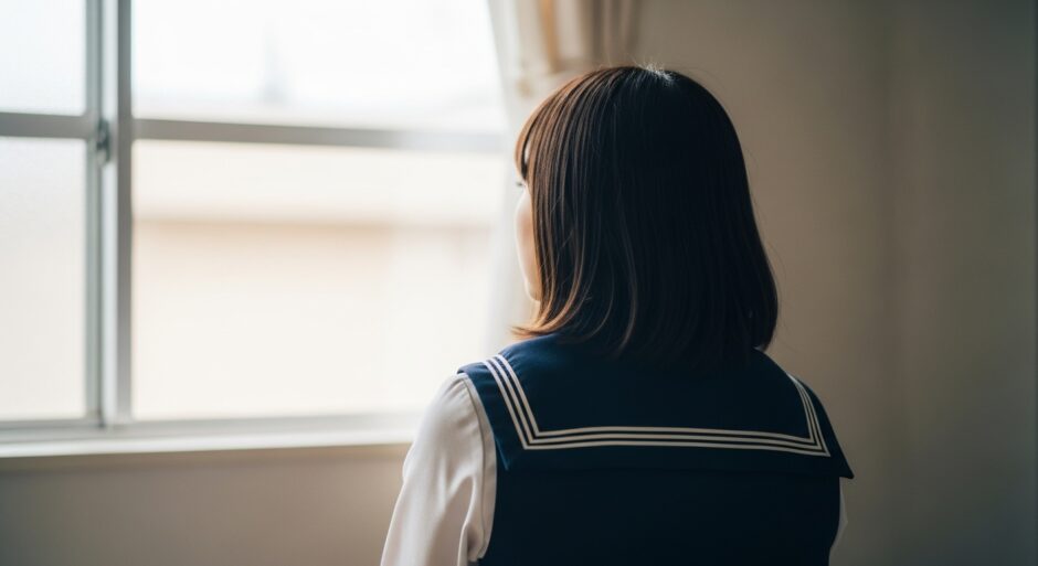 窓辺に座って外を眺める若い日本人女性の後ろ