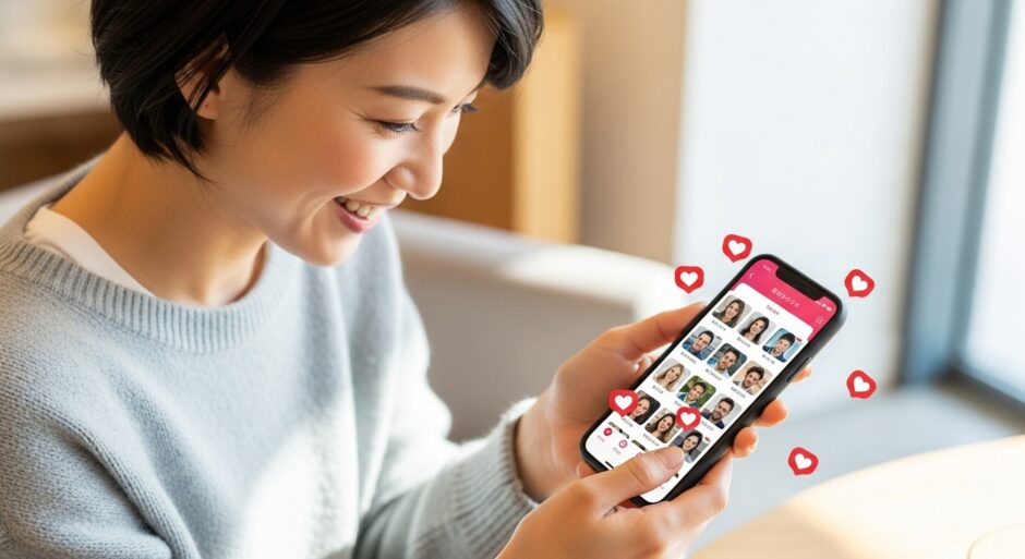 スマートフォンを見ながら微笑む20代〜30代の日本人女性。明るいカフェや自宅のリビングなどリラックスした雰囲気