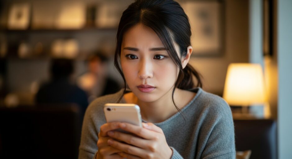 スマートフォンを見ながら考え込んでいる女性