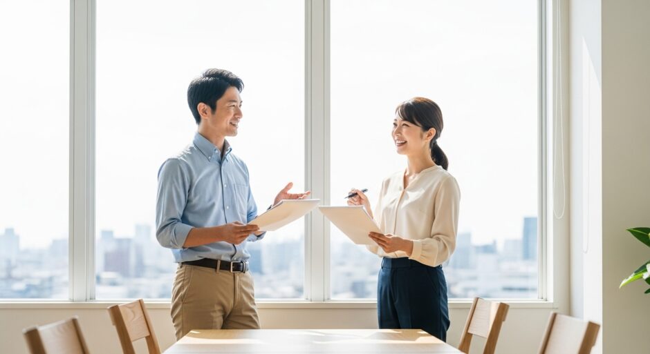 社内で親しげに話す男女