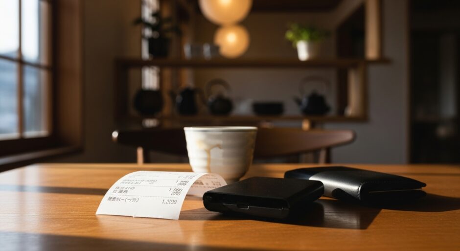 テーブルの上に置かれた伝票と財布、またはカードリーダー