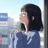 窓際で深呼吸する女性