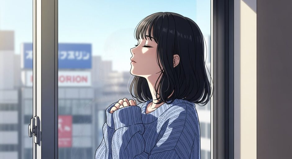 窓際で深呼吸する女性