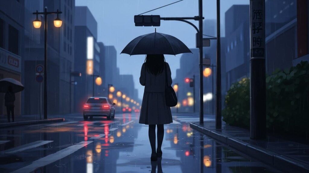 雨の中を傘をさす女性
