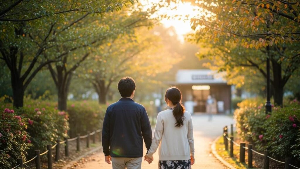 カップルが公園を歩く後ろ姿