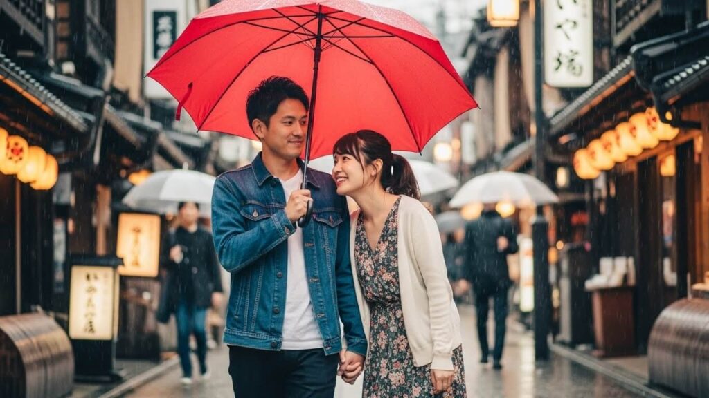 女性を傘に入れる男性