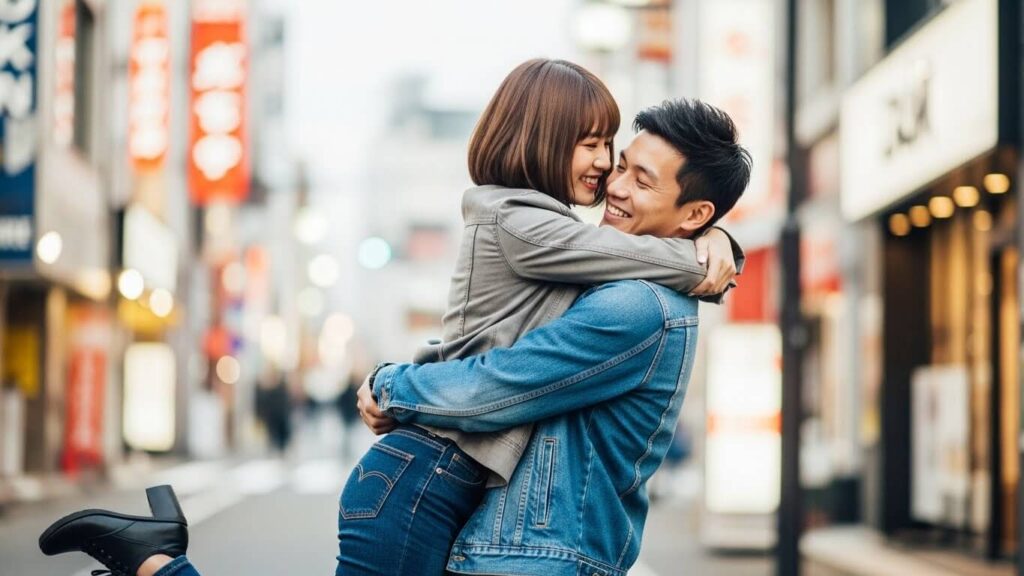 彼氏に抱きつく女性