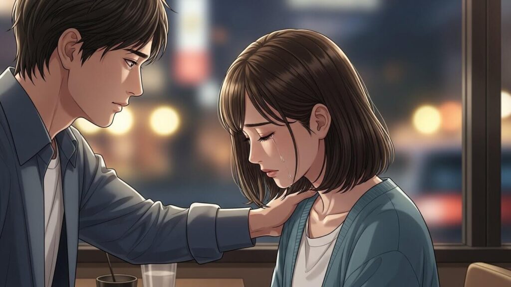 泣いてる女性を慰める彼氏