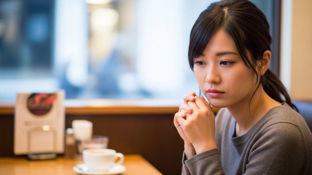 カフェで悲しげな女性