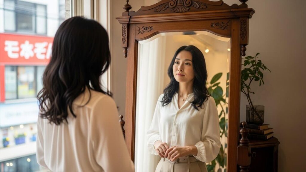鏡にうつる自分を見ている女性