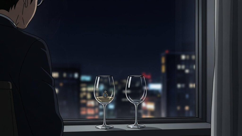 女性がいなくなったバーで1人お酒を飲む男性