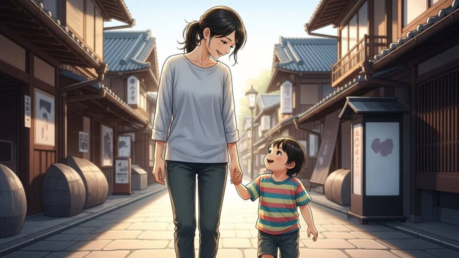 シングルマザーが子供と手を繋いでいる