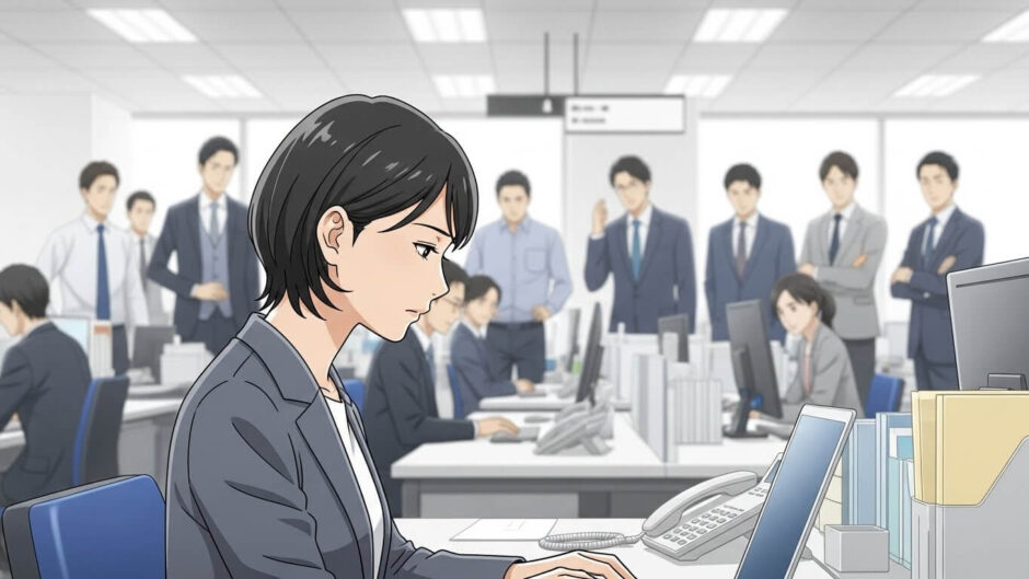 オフィスで男性の視線を避ける女性